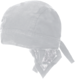 A cloth cap features a rounded top and ribbons tied at the back providing secure fit in a neutral setting suggesting casual or work attire.