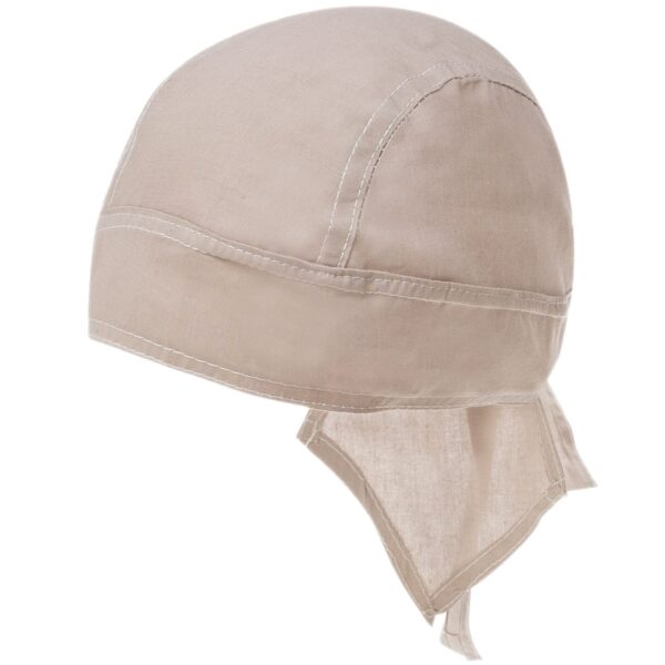 A beige cotton headscarf is displayed upright showcasing its smooth texture and stitched edges with long ties hanging down from the back providing a practical style for outdoor wear.