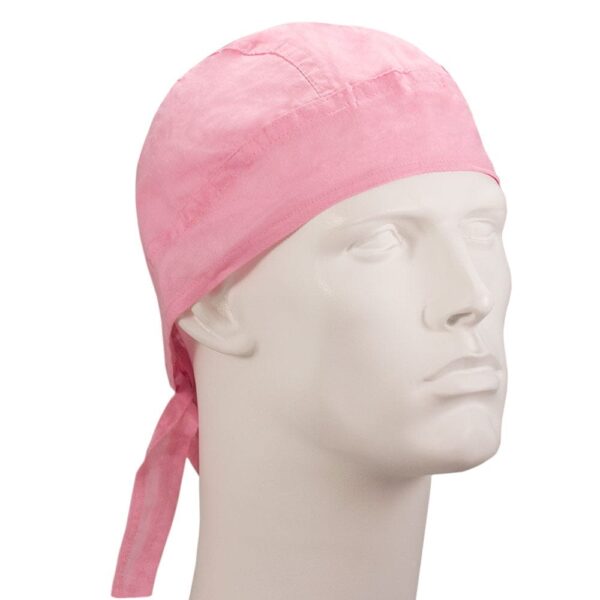 A pink cloth cap is worn snugly on a mannequin's head with ties at the back showcasing a smooth texture and a soft look in a neutral setting.