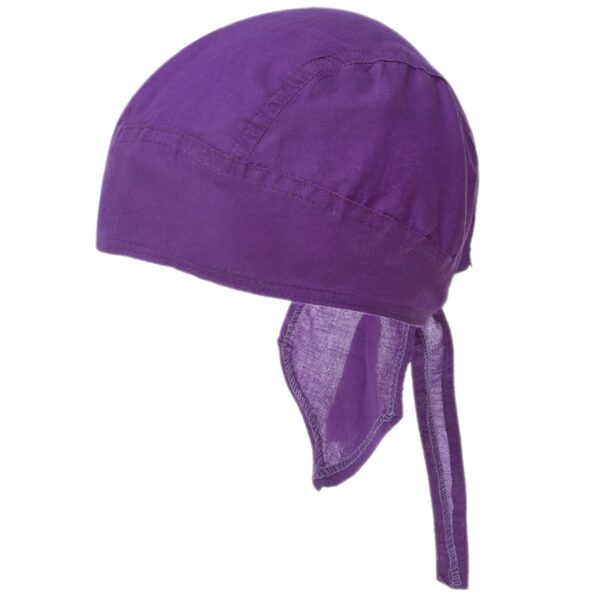 A purple cotton cap with a fitted crown and long ties hangs loosely to one side suggesting it can be secured under the chin in a casual or outdoor context.