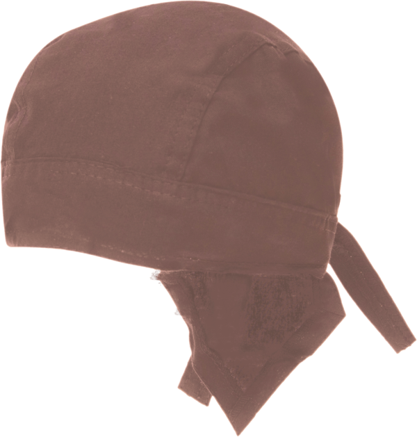 A brown cap is positioned sideways showcasing its rounded top and extended ties at the back suggesting it is designed for active wear in outdoor settings.