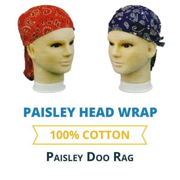 Two mannequin heads display paisley head wraps in red and blue. The wraps are identified as 100% cotton and labeled as paisley doo rags.