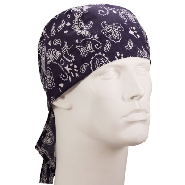 A black bandana with white paisley patterns adorns a mannequin head showcasing its design and style in a neutral display setting without additional distractions or context.