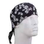 A black bandana features white motorcycle graphics. It is worn on a mannequin's head  showcasing its style and design in a neutral setting without additional distractions.