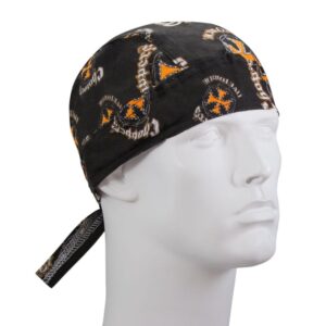 A black bandana styled headwrap covers a mannequin's head featuring orange and white star and chain patterns while the background is plain and unobtrusive.