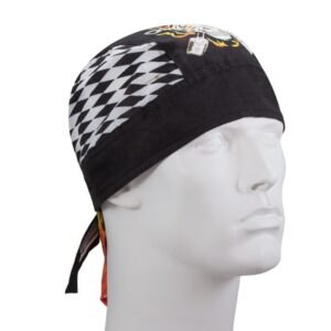 A black bandana is worn on a mannequin head featuring a diamond pattern on one side and colorful designs on the other showcasing a stylized graphic print and long ties at the back.