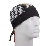 A black bandana with a patterned design is displayed on a mannequin head showcasing its fit and style in a neutral setting emphasizing the bandana's decorative elements and tie at the back.