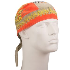 A bandana with a flame design is worn on a mannequin's head the vibrant orange and gray fabric has a stylized graphic and ties at the back suggesting use for functional or fashion purposes.