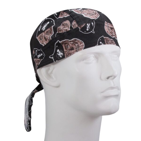 A black bandana featuring pirate skull patterns is displayed on a white mannequin head facing right in a neutral setting  emphasizing the design and theme of the fabric.