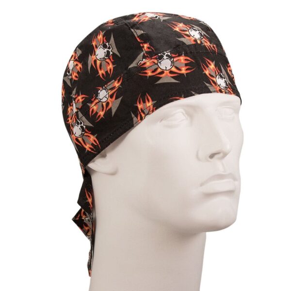 A black bandana with a flame and skull design is worn on a mannequin's head showcasing a bold and edgy style in a neutral setting.