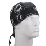 A black bandana with white graphics is worn on a mannequin head showcasing its design which features symbols and text associated with military themes set against a plain background.