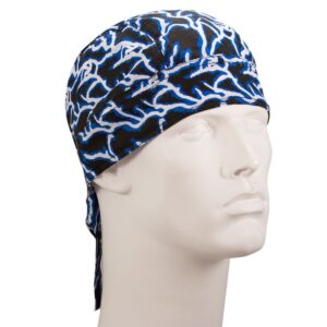 A patterned bandana features a blue and black design It is worn on a mannequin head showcasing its style and functionality in a neutral display context