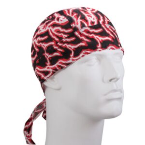 A white mannequin head displays a bandana with a striking black and red abstract pattern tied at the back in a casual manner  highlighting its stylish design.