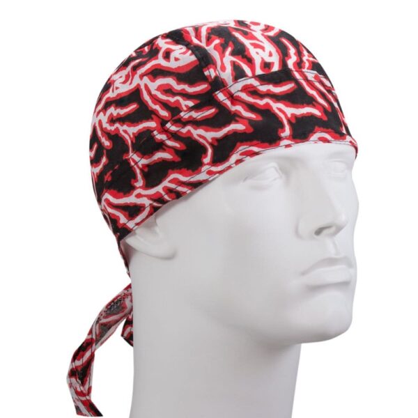 A white mannequin head displays a bandana with a striking black and red abstract pattern tied at the back in a casual manner  highlighting its stylish design.