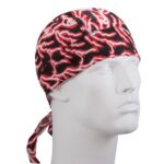 A white mannequin head displays a black and red patterned bandana tied at the back while facing slightly left against a neutral background.