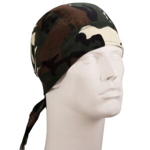 A camouflage bandana is positioned on a white mannequin head facing slightly upward showcasing a mix of greens browns and cream colors in a military pattern  no background is visible.
