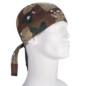 A camouflage bandana is draped around a mannequin's head with ties hanging down at the side demonstrating a practical accessory for outdoor or military settings.