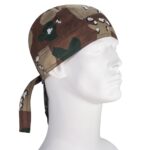 A camouflage bandana is displayed on a mannequin head showcasing its design with ties hanging at the back set against a plain white background suggesting functionality and style in outdoor activities.