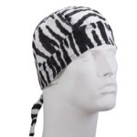 A white and black zebra-striped bandana is worn on the head of a mannequin with a neutral expression in a simple  uncluttered background suggesting a display or marketing setting.