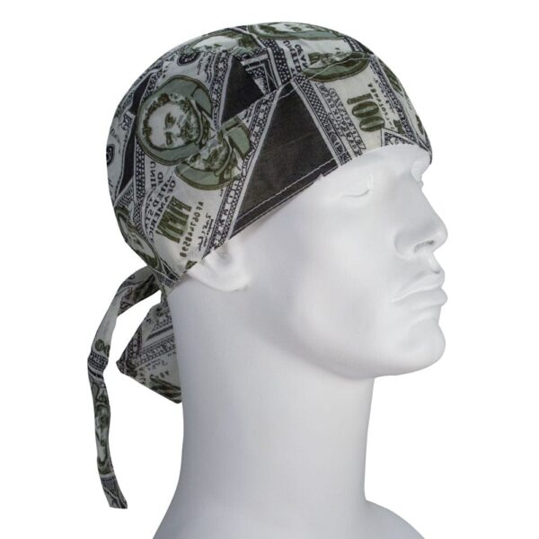A fabric headband adorned with a money print is worn on a mannequin head showcasing a design featuring dollar bills and symbols of currency in a neutral background.