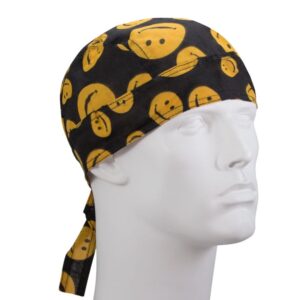 A black bandana with yellow smiley face patterns is worn on a white mannequin head facing slightly to the right set against a plain white background.