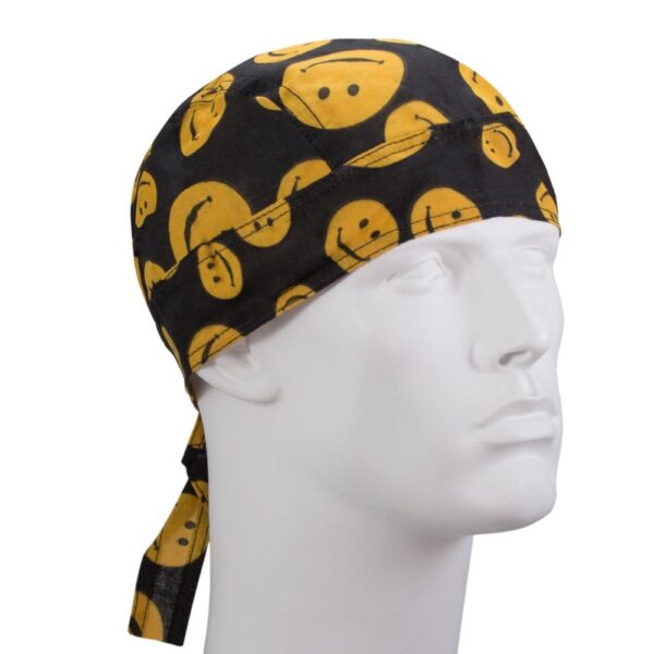 A black bandana with yellow smiley face patterns is worn on a white mannequin head facing slightly to the right set against a plain white background.