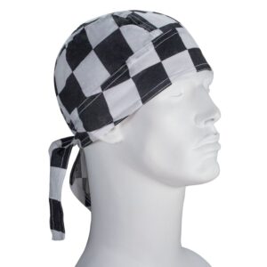 A checkered black and white bandana is tied around the head of a mannequin displaying a neutral expression in a plain background.