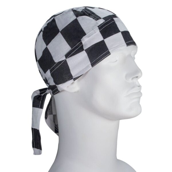 A checkered black and white bandana is tied around the head of a mannequin displaying a neutral expression in a plain background.