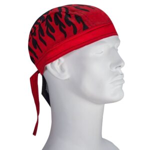 A red bandana with black flame patterns is worn on the head of a white mannequin facing slightly right in a neutral environment. The bandana is tied at the back.