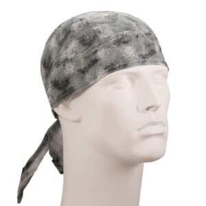 A gray patterned bandana is worn on the head of a mannequin with a neutral expression in a plain background displaying the bandana's texture and design.