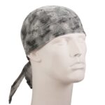 A gray and black patterned bandana is tied around the head of a white mannequin displaying a neutral expression in a plain background. The bandana hangs down behind the neck.