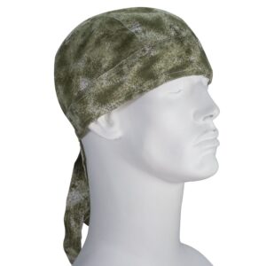 A green patterned bandana is worn tied at the back of a white mannequin's head positioned to face slightly right against a plain background
