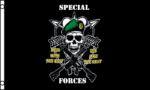 A skull wearing a green beret is crossed by two rifles with text around it that reads SPECIAL FORCES MESS WITH THE BEST DIE LIKE THE REST on a black background