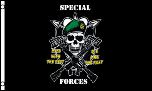 A skull wearing a green beret is crossed by two rifles with text around it that reads SPECIAL FORCES MESS WITH THE BEST DIE LIKE THE REST on a black background