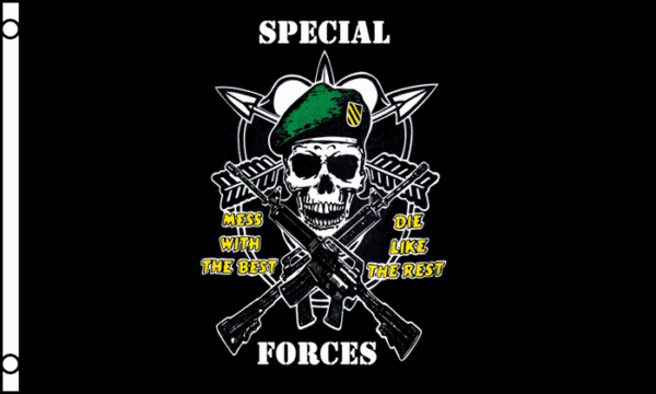 A skull wearing a green beret is crossed by two rifles with text around it that reads SPECIAL FORCES MESS WITH THE BEST DIE LIKE THE REST on a black background