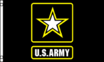 A yellow outlined square features a white star with yellow accents at its points centered above the text U.S. ARMY in bold white letters on a black background