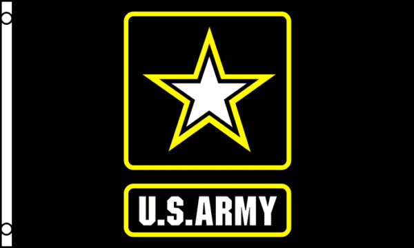 A yellow outlined square features a white star with yellow accents at its points centered above the text U.S. ARMY in bold white letters on a black background