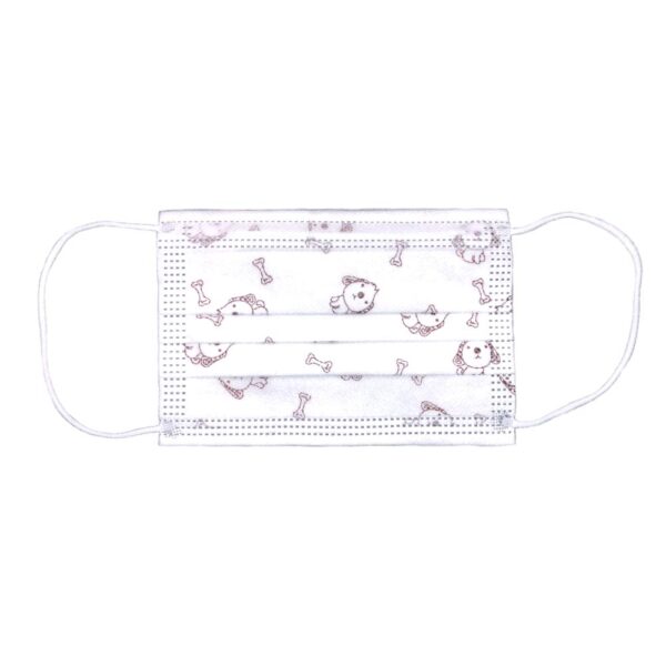 A white facial mask features a pattern of small  cute animals and bones  designed for protection and wear in various settings  promoting safety while adding a playful touch.