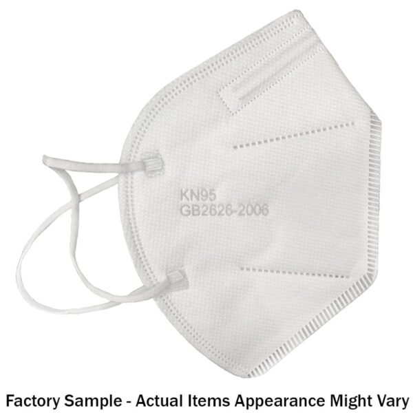 A white KN95 mask is displayed against a plain background with two ear straps attached the mask features text stating its model number and a note about appearance variations.