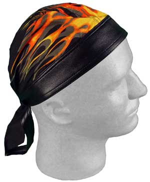 A headband is displayed featuring a flame design in orange and yellow on top with a black leather base and ties at the back set against a neutral background.