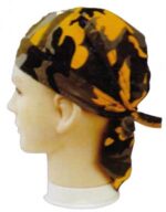 A mannequin head displays a camouflage bandana featuring orange and black patterns tied at the back surrounded by a plain white background.