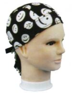 A black bandana with white smiley faces is displayed on a mannequin head showcasing the design and fit while emphasizing its use as a fashion accessory or headwear.