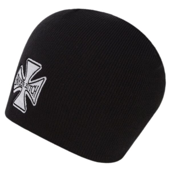 A black knit beanie with a white embroidered design featuring a cross and the text BIKER BITCH prominently displayed on the front  suitable for casual wear in colder weather.