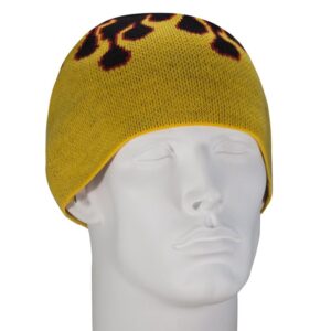 A yellow knit beanie is displayed on a mannequin head facing slightly to the side featuring a black and red flame design along the top edge set against a neutral background.