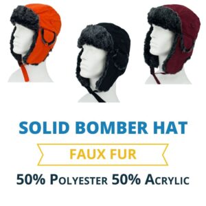 Three bomber hats in orange black and burgundy displayed on white mannequins showcasing faux fur lining labeled solid bomber hat with fabric composition of 50% polyester and 50% acrylic