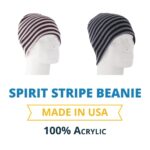 Two striped beanies are displayed side by side on white mannequins the left is pink and black while the right is navy and light gray text below states SPIRIT STRIPE BEANIE MADE IN USA 100% ACRYLIC