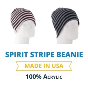Two striped beanies are displayed side by side on white mannequins the left is pink and black while the right is navy and light gray text below states SPIRIT STRIPE BEANIE MADE IN USA 100% ACRYLIC