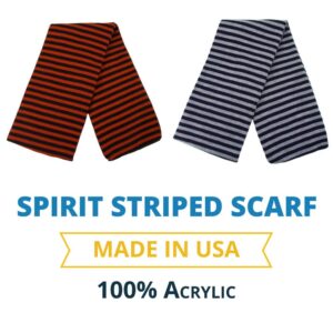 Two striped scarves are displayed side by side the left scarf features orange and black stripes while the right scarf has navy and light gray stripes text below states SPIRIT STRIPED SCARF MADE IN USA 100% Acrylic