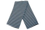 A striped scarf alternates between light blue and black colors draped flat against a plain background providing a cozy accessory for colder weather or fashion use
