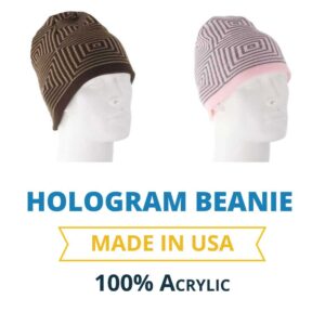 Two beanie hats are displayed on mannequin heads showcasing different designs one is brown with geometric patterns and the other is pink with a contrasting band below the brim Hologram Beanie MADE IN USA 100% Acrylic